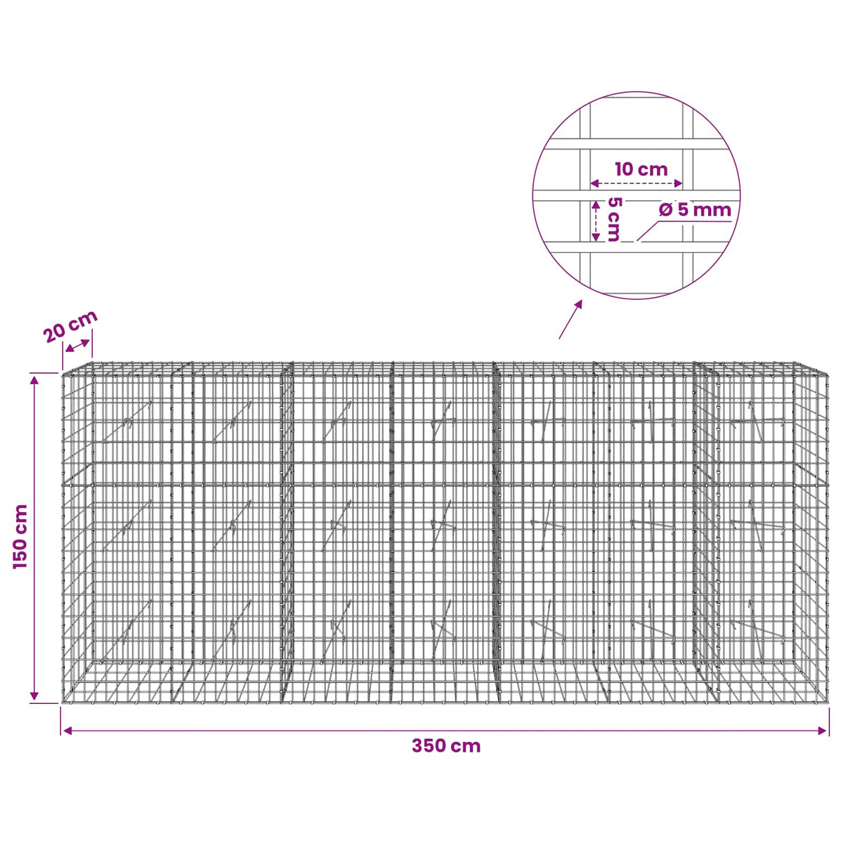 Gabion with 5 mm Wire and 5x10 cm Mesh 350x20x150 cm