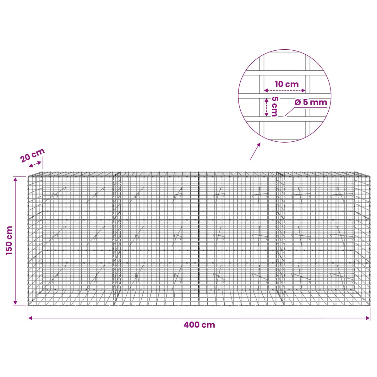 Gabion with 5 mm Wire and 5x10 cm Mesh 400x20x150 cm