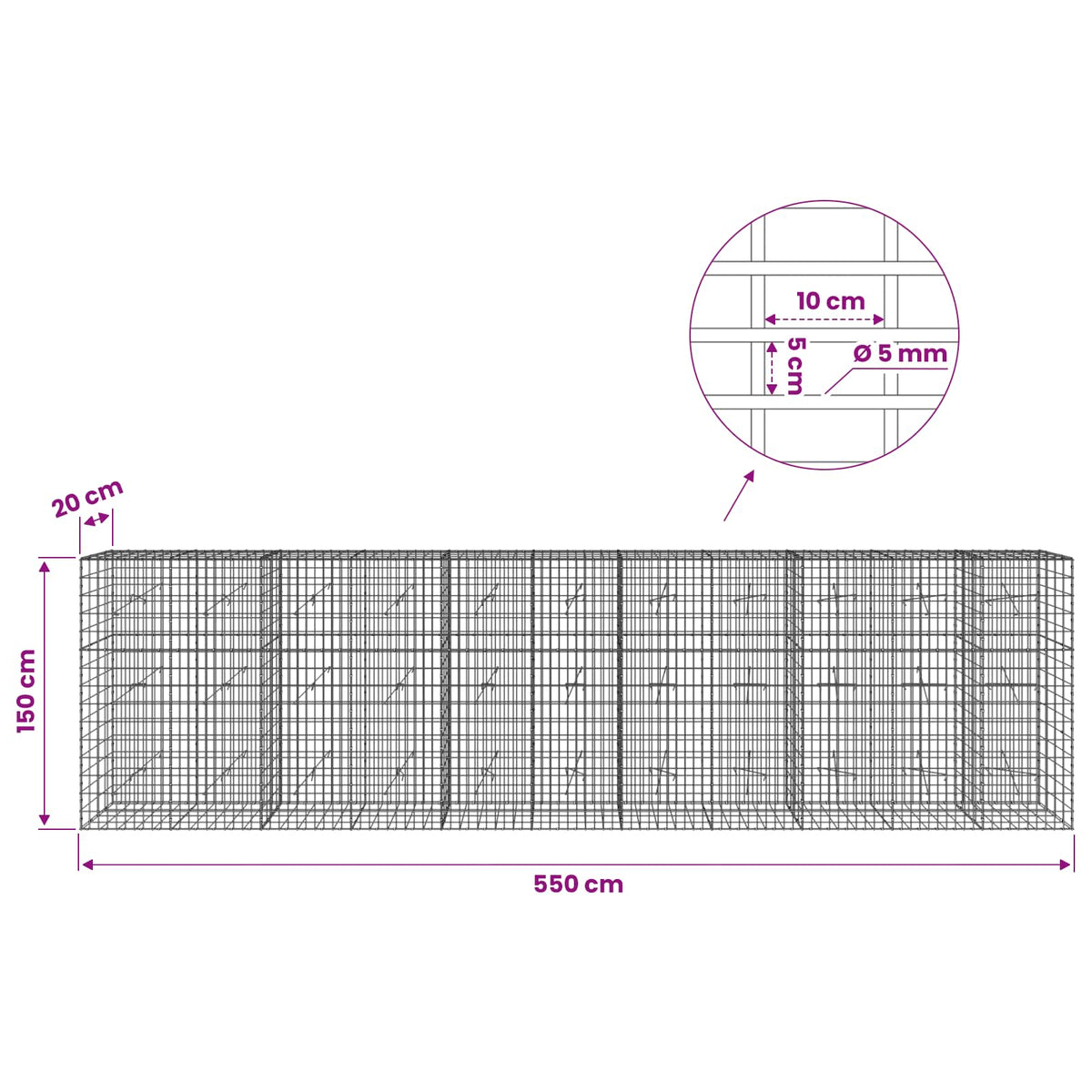 Gabion with 5 mm Wire and 5x10 cm Mesh 550x20x150 cm