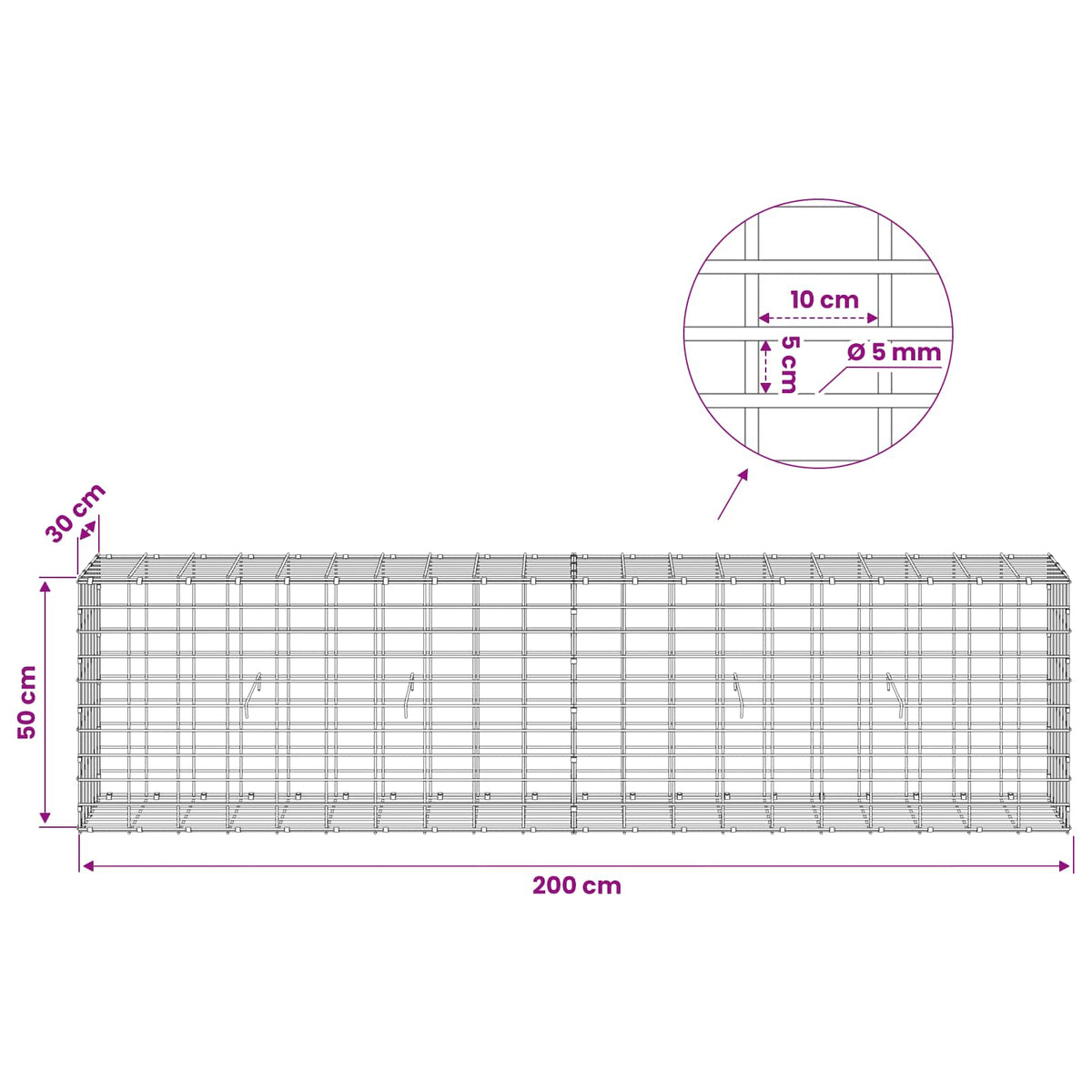 Gabion with 5 mm Wire and 5x10 cm Mesh 200x30x50 cm