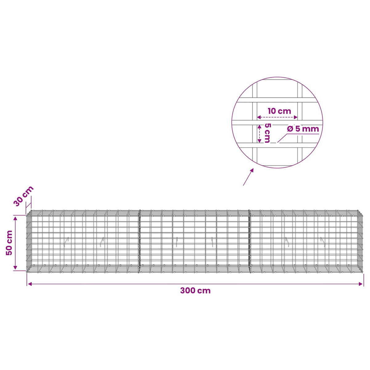 Gabion with 5 mm Wire and 5x10 cm Mesh 300x30x50 cm
