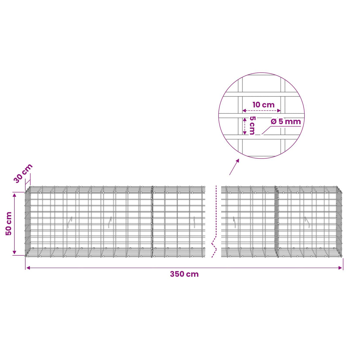 Gabion with 5 mm Wire and 5x10 cm Mesh 350x30x50 cm