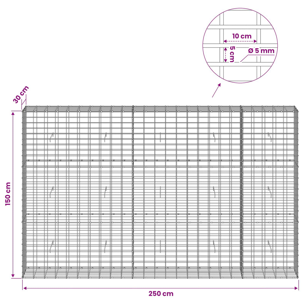 Gabion with 5 mm Wire and 5x10 cm Mesh 250x30x150 cm