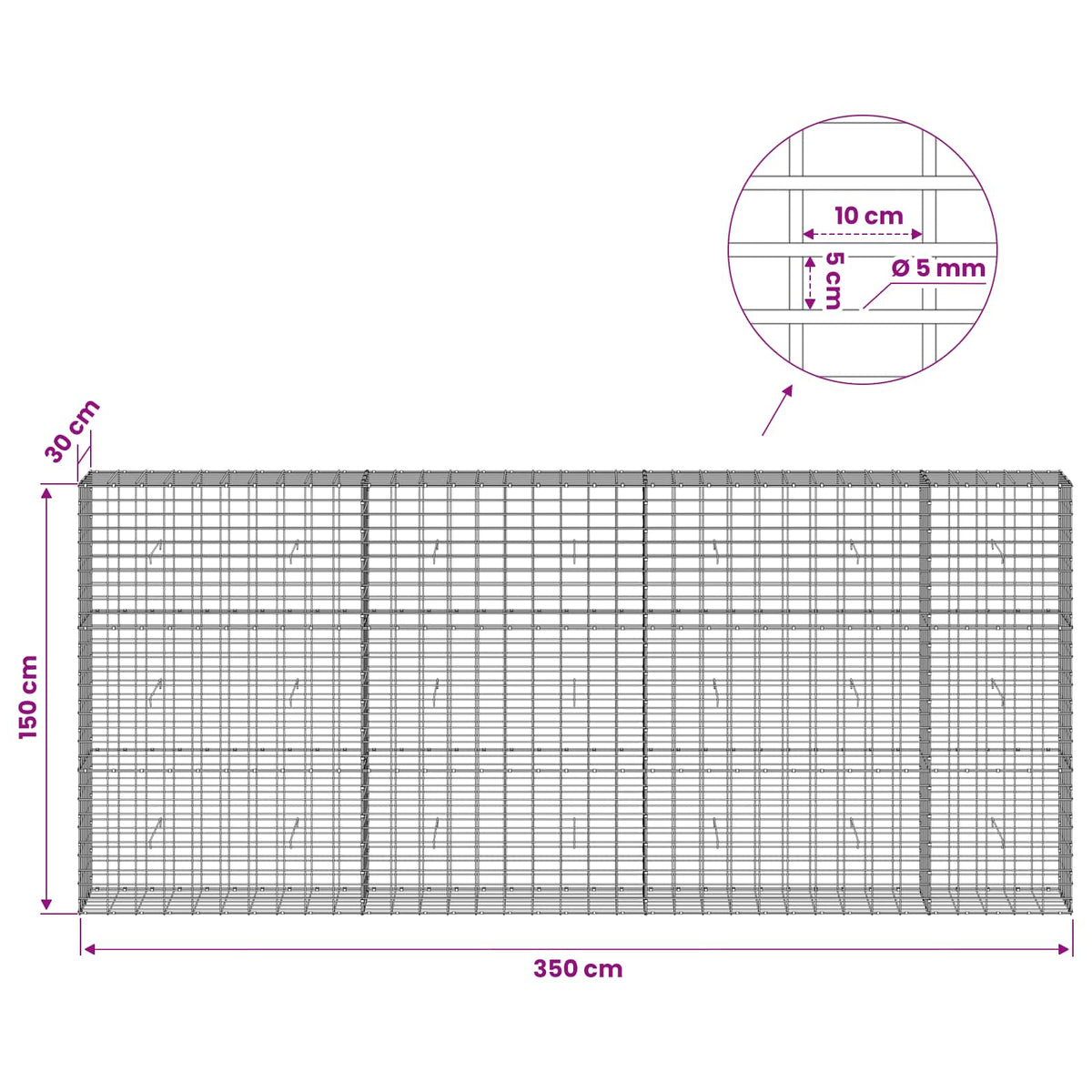Gabion with 5 mm Wire and 5x10 cm Mesh 350x30x150 cm