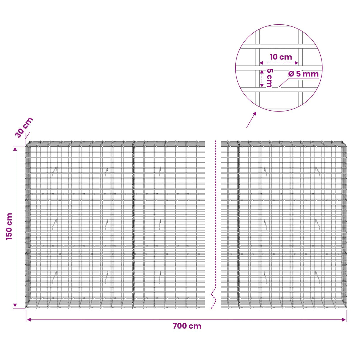 Gabion with 5 mm Wire and 5x10 cm Mesh 700x30x150 cm