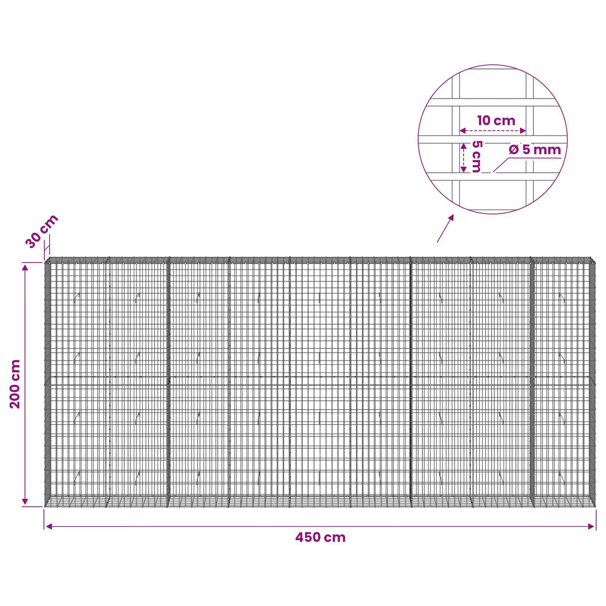 Gabion with 5 mm Wire and 5x10 cm Mesh 450x30x200 cm