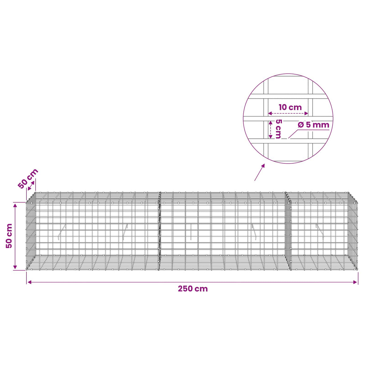 Gabion with 5 mm Wire and 5x10 cm Mesh 250x50x50 cm