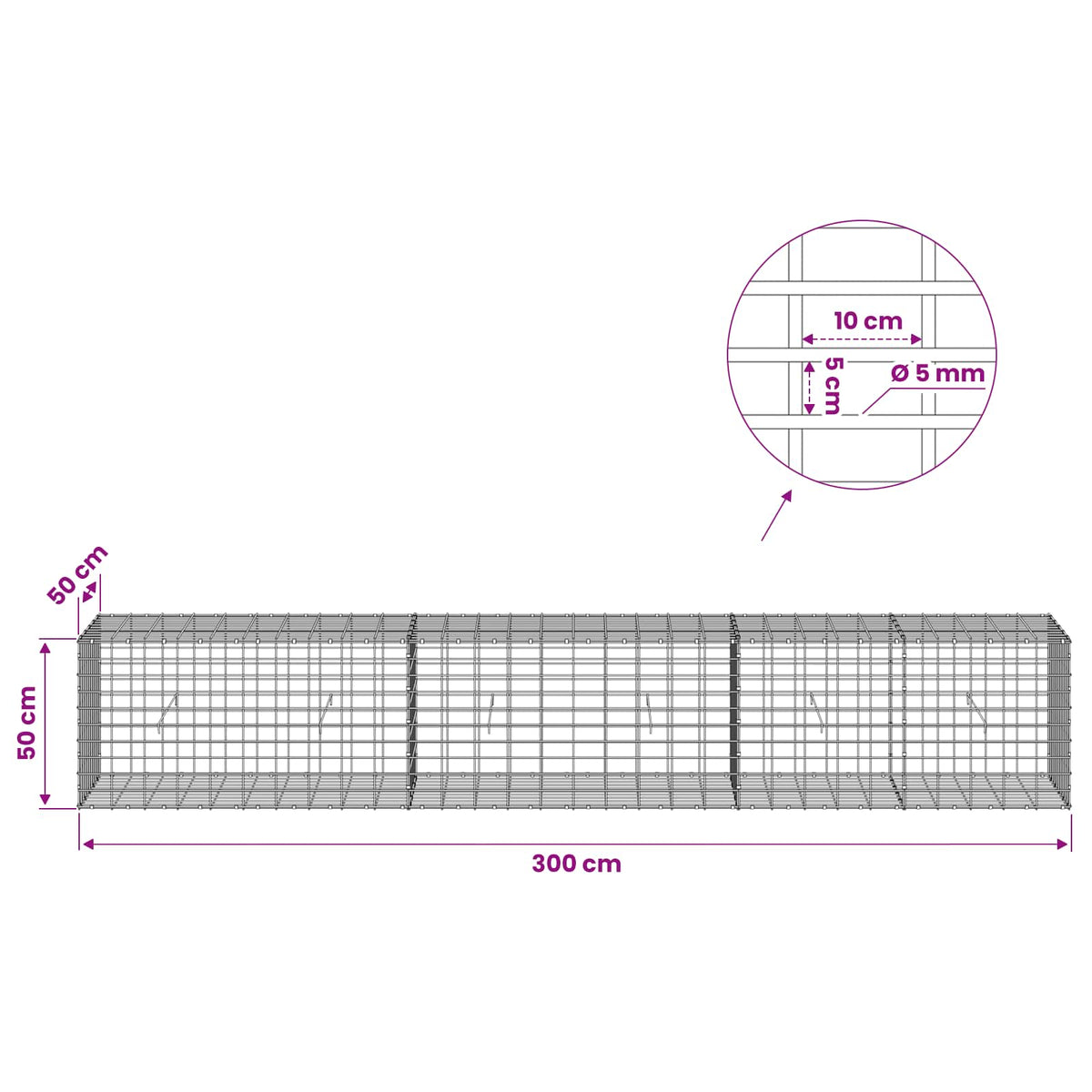 Gabion with 5 mm Wire and 5x10 cm Mesh 300x50x50 cm