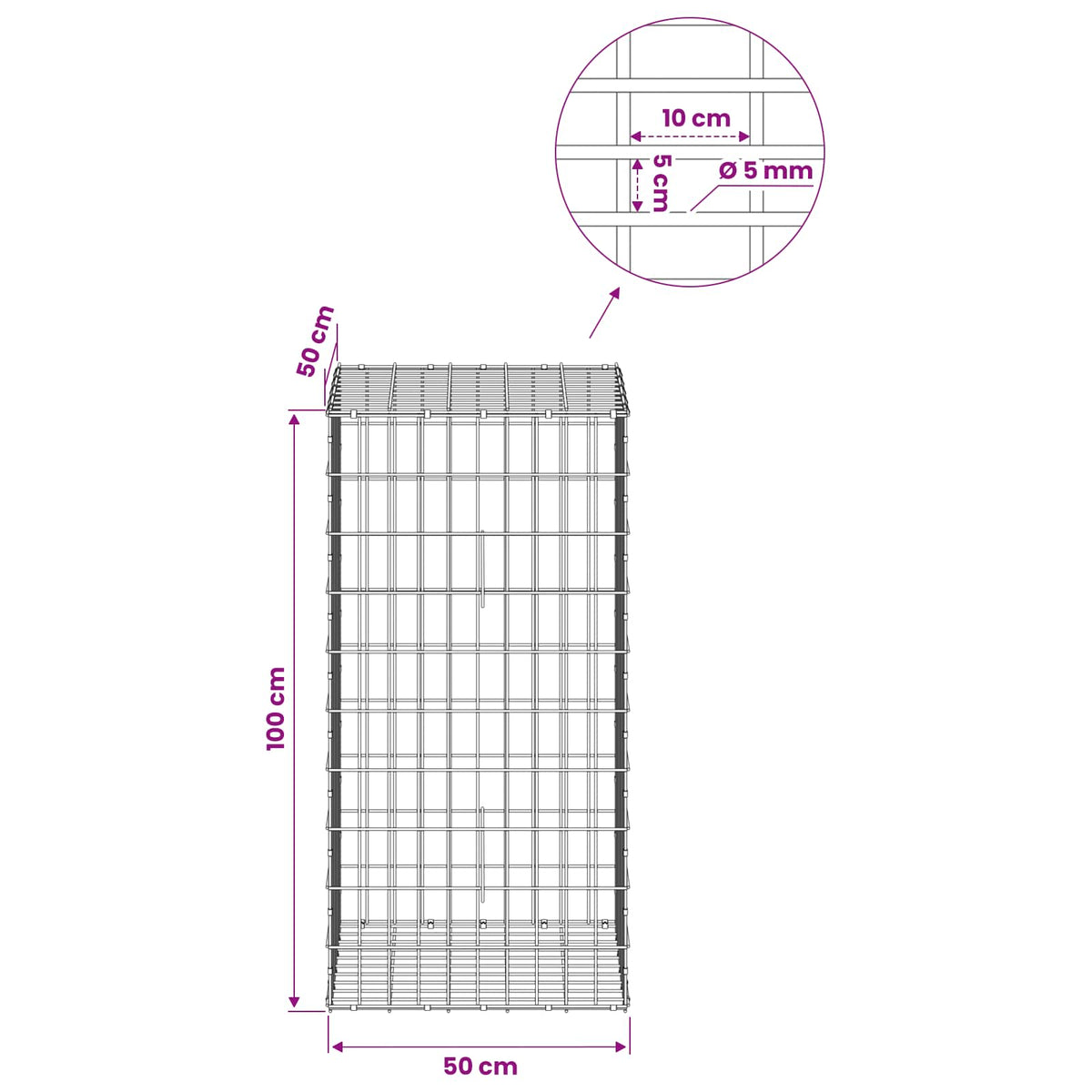 Gabion with 5 mm Wire and 5x10 cm Mesh 50x50x100 cm