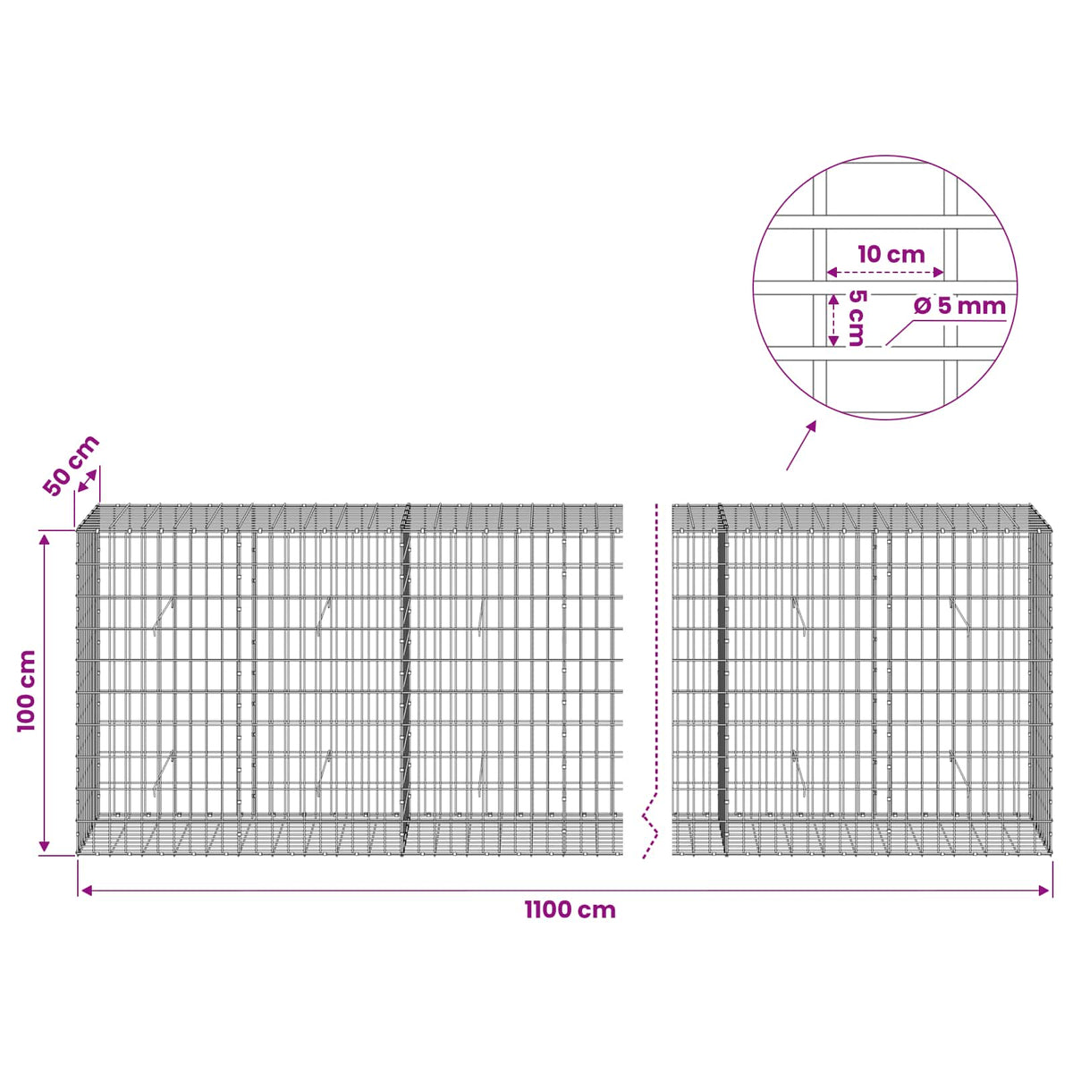 Gabion with 5 mm Wire and 5x10 cm Mesh 1100x50x100 cm