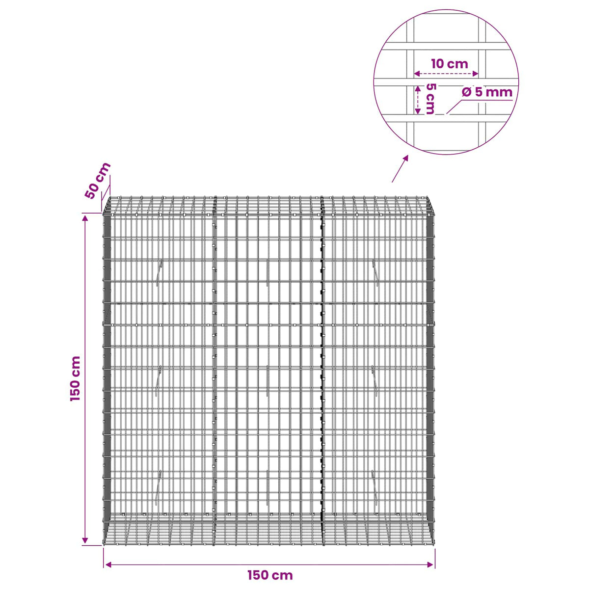 Gabion with 5 mm Wire and 5x10 cm Mesh 150x50x150 cm