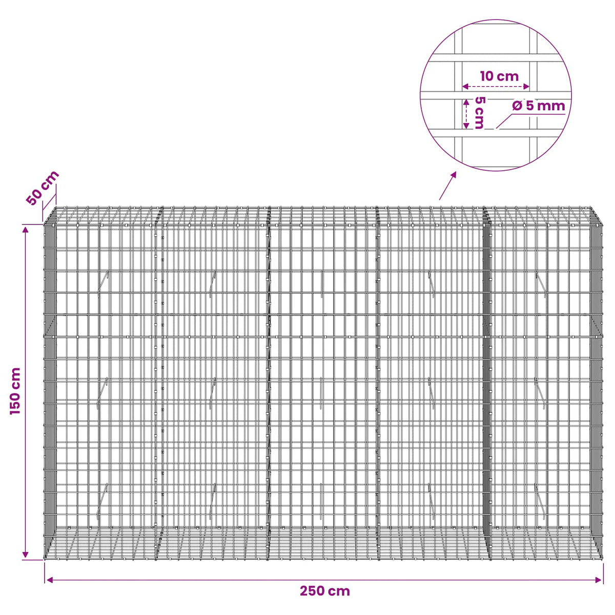 Gabion with 5 mm Wire and 5x10 cm Mesh 250x50x150 cm