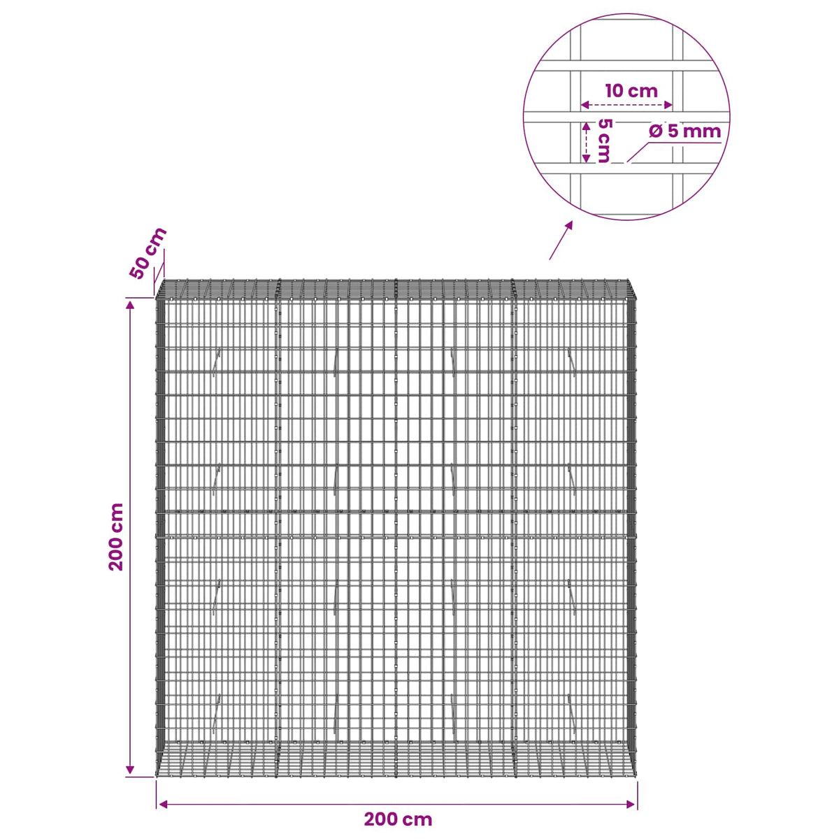 Gabion with 5 mm Wire and 5x10 cm Mesh 200x50x200 cm