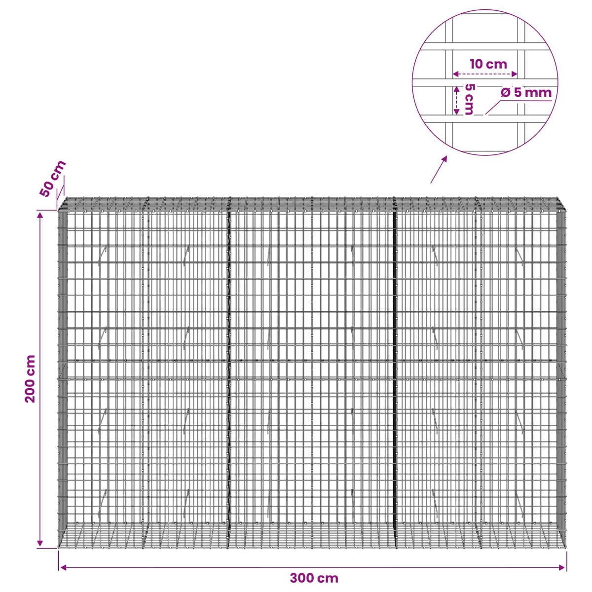 Gabion with 5 mm Wire and 5x10 cm Mesh 300x50x200 cm