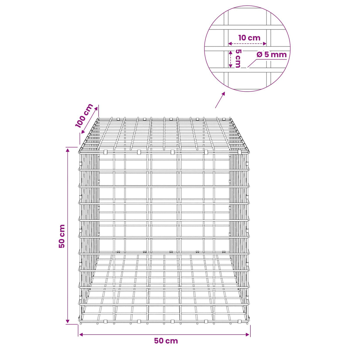 Gabion with 5 mm Wire and 5x10 cm Mesh 50x100x50 cm