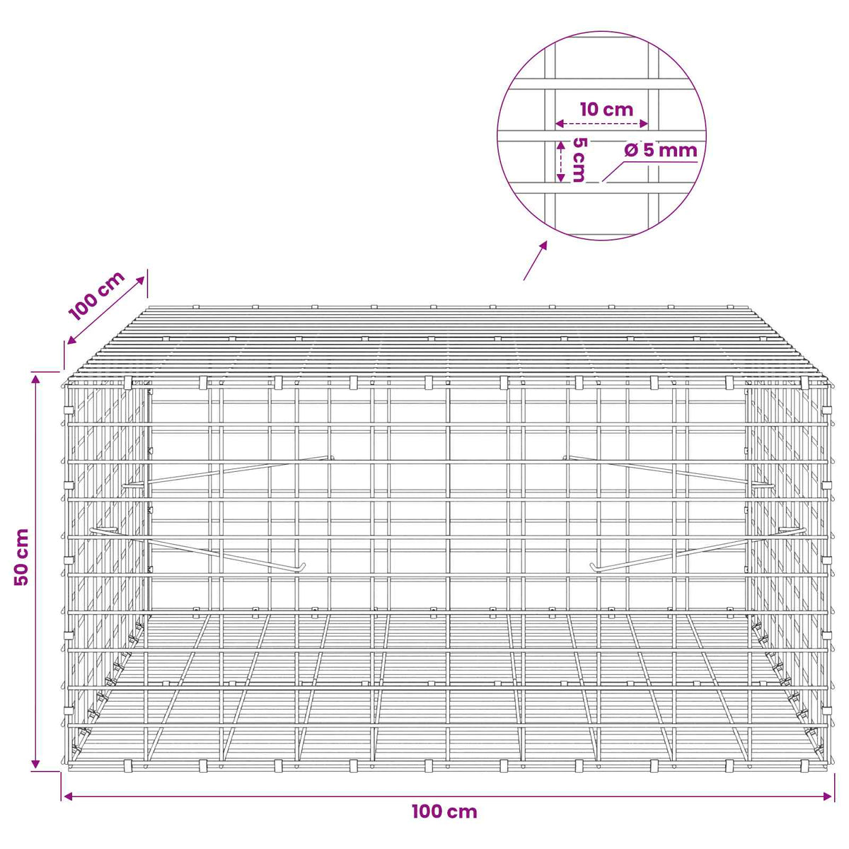 Gabion with 5 mm Wire and 5x10 cm Mesh 100x100x50 cm