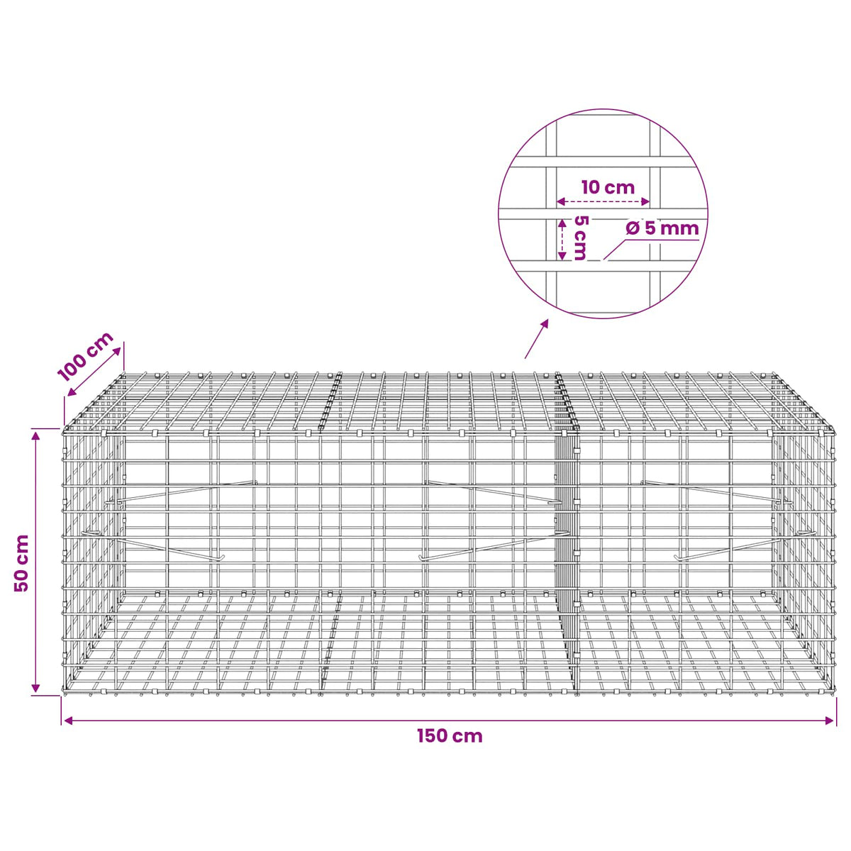 Gabion with 5 mm Wire and 5x10 cm Mesh 150x100x50 cm