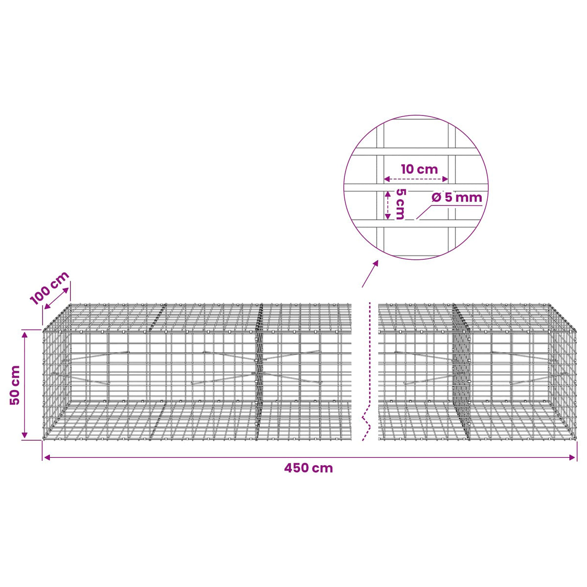 Gabion with 5 mm Wire and 5x10 cm Mesh 450x100x50 cm