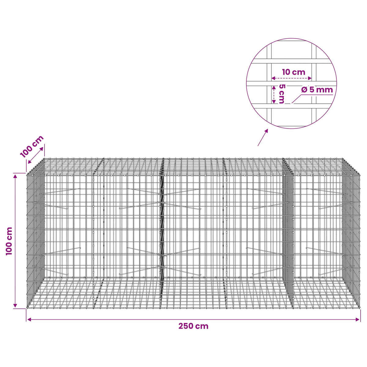 Gabion with 5 mm Wire and 5x10 cm Mesh 250x100x100 cm