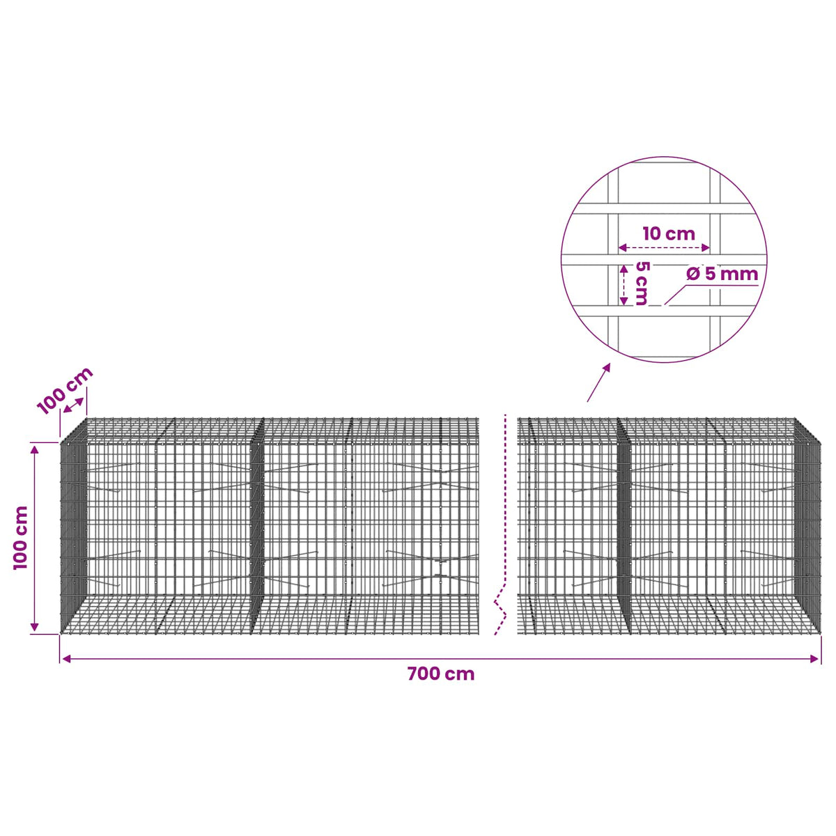 Gabion with 5 mm Wire and 5x10 cm Mesh 700x100x100 cm