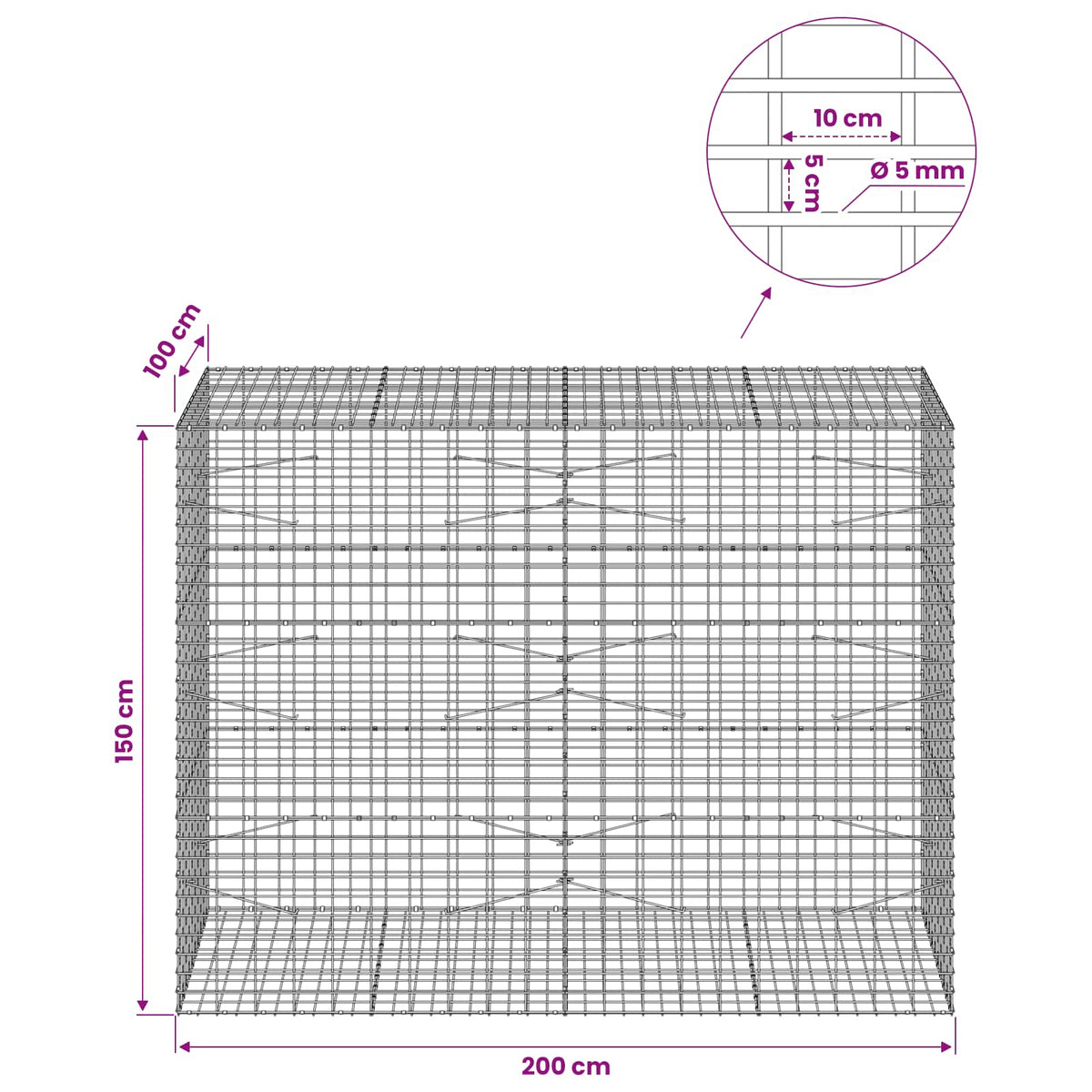 Gabion with 5 mm Wire and 5x10 cm Mesh 200x100x150 cm