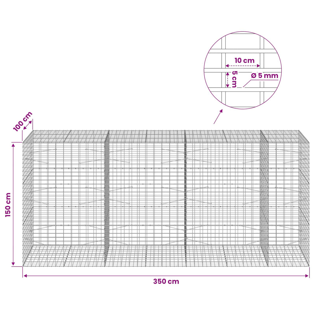 Gabion with 5 mm Wire and 5x10 cm Mesh 350x100x150 cm