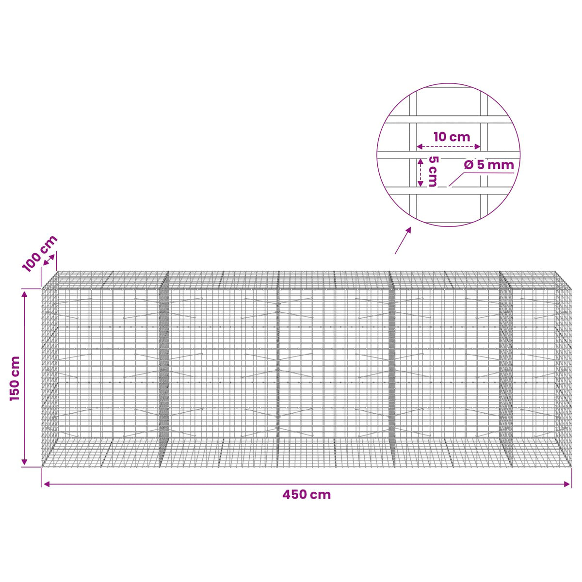 Gabion with 5 mm Wire and 5x10 cm Mesh 450x100x150 cm