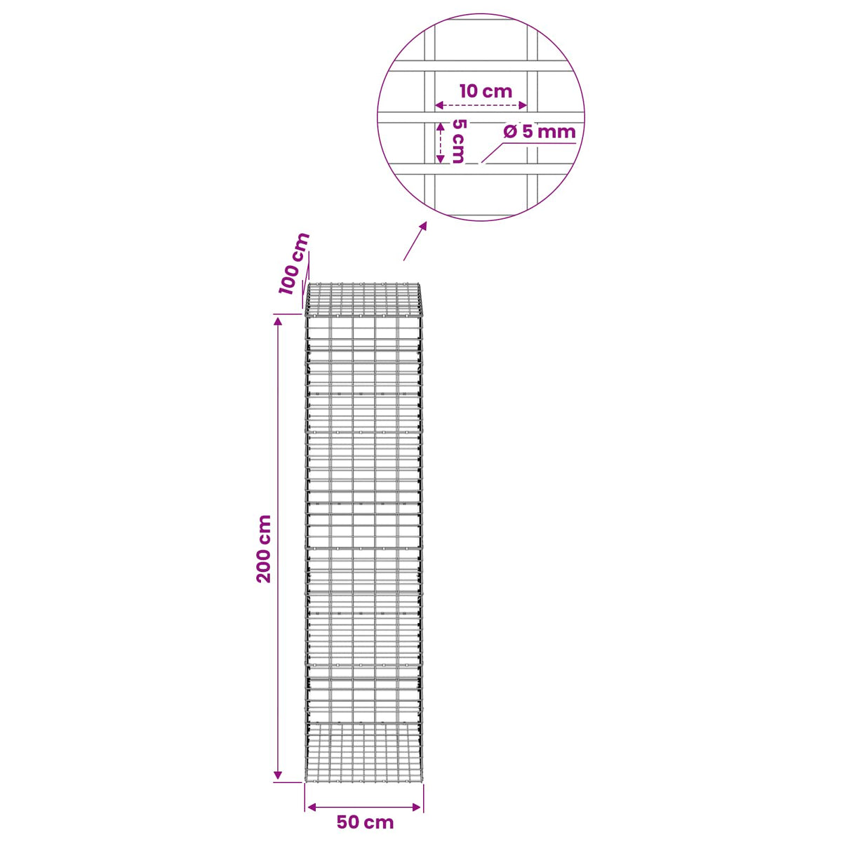 Gabion with 5 mm Wire and 5x10 cm Mesh 50x100x200 cm
