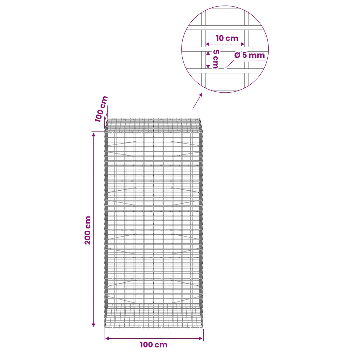 Gabion with 5 mm Wire and 5x10 cm Mesh 100x100x200 cm