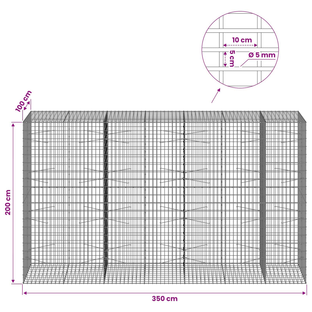 Gabion with 5 mm Wire and 5x10 cm Mesh 350x100x200 cm