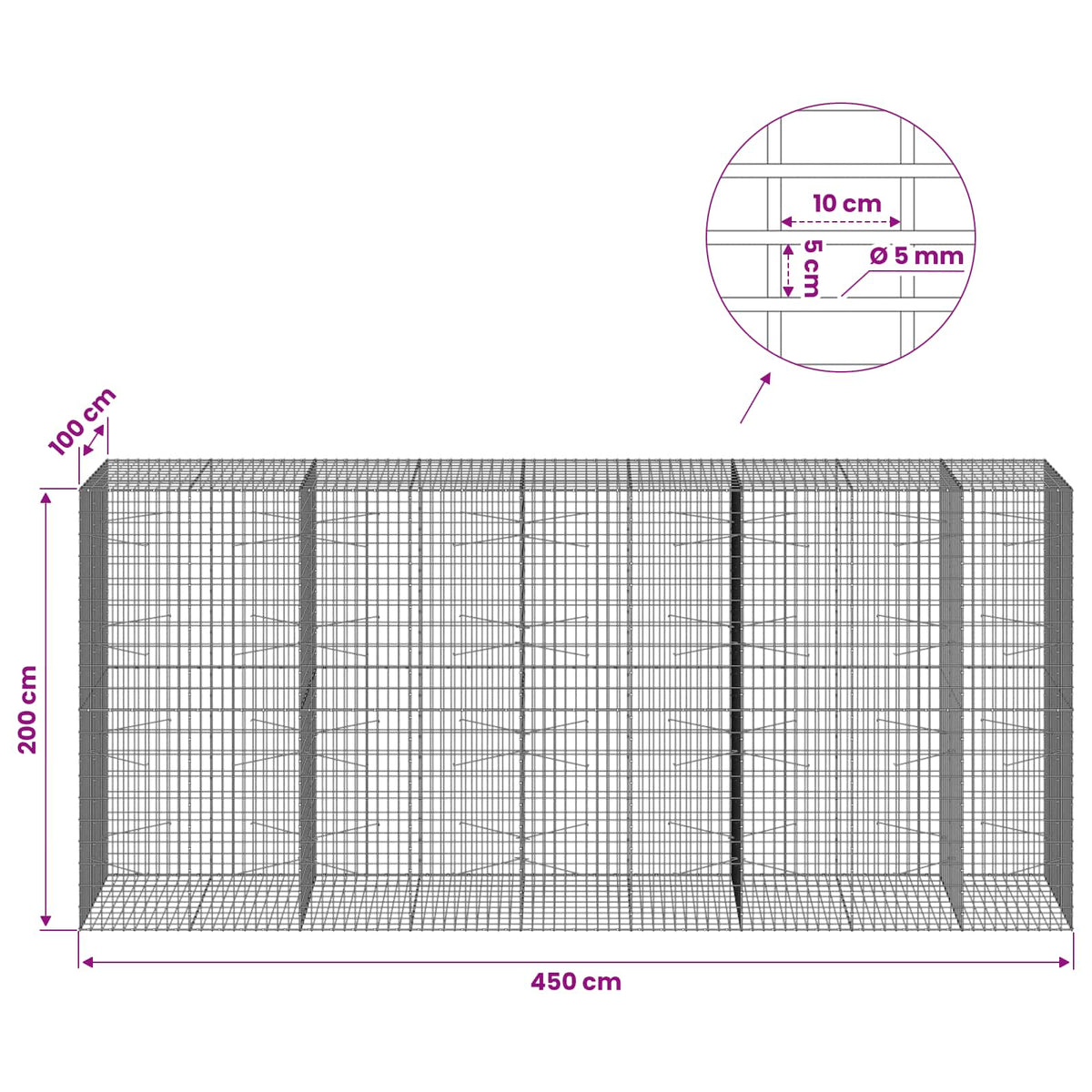 Gabion with 5 mm Wire and 5x10 cm Mesh 450x100x200 cm