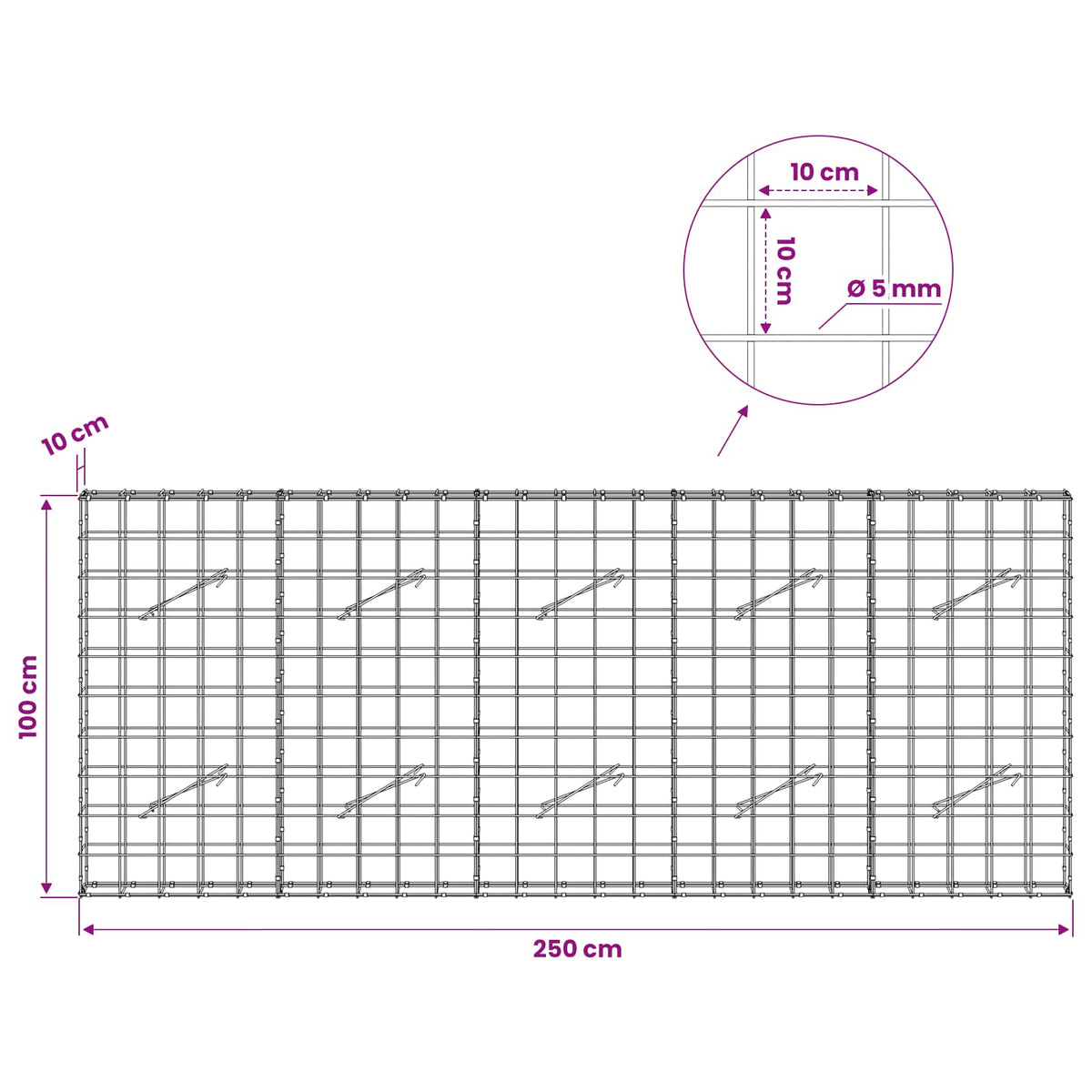 Gabion with 5 mm Wire and 10x10 cm Mesh 250x10x100 cm