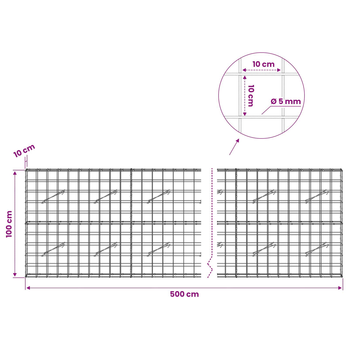 Gabion with 5 mm Wire and 10x10 cm Mesh 500x10x100 cm
