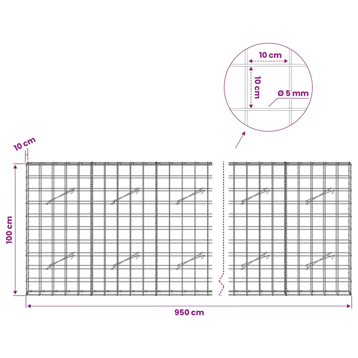 Gabion with 5 mm Wire and 10x10 cm Mesh 950x10x100 cm