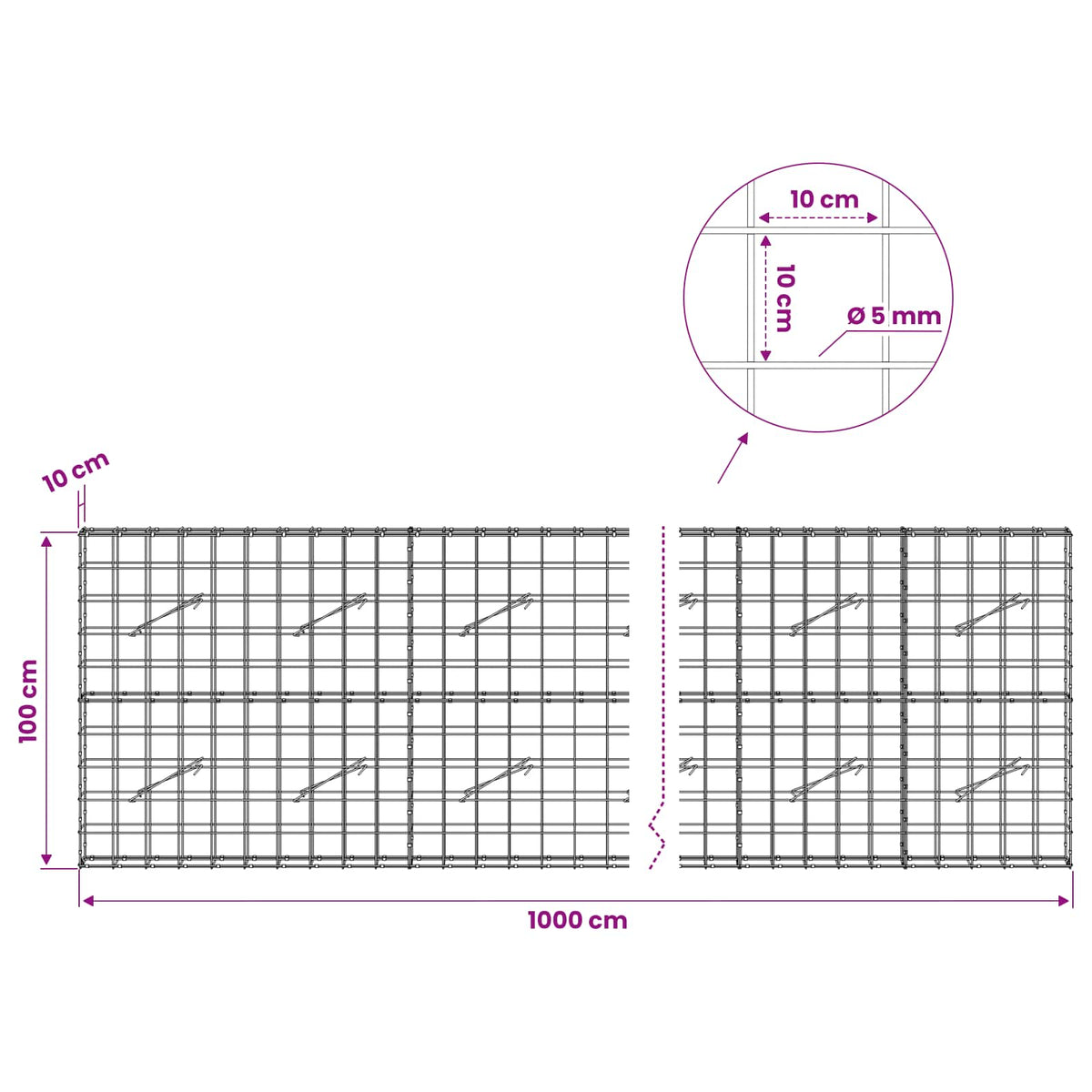 Gabion with 5 mm Wire and 10x10 cm Mesh 1000x10x100 cm