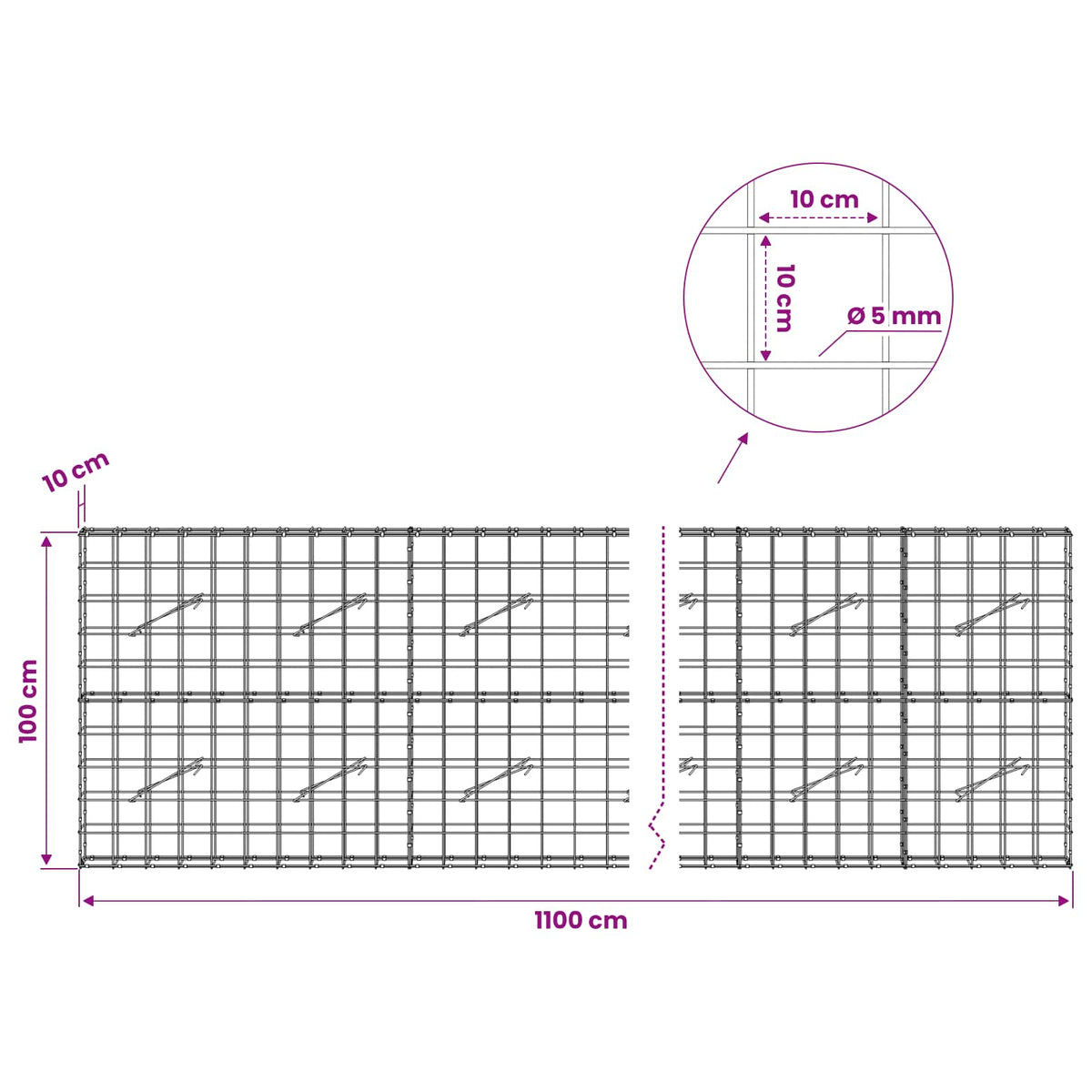 Gabion with 5 mm Wire and 10x10 cm Mesh 1100x10x100 cm