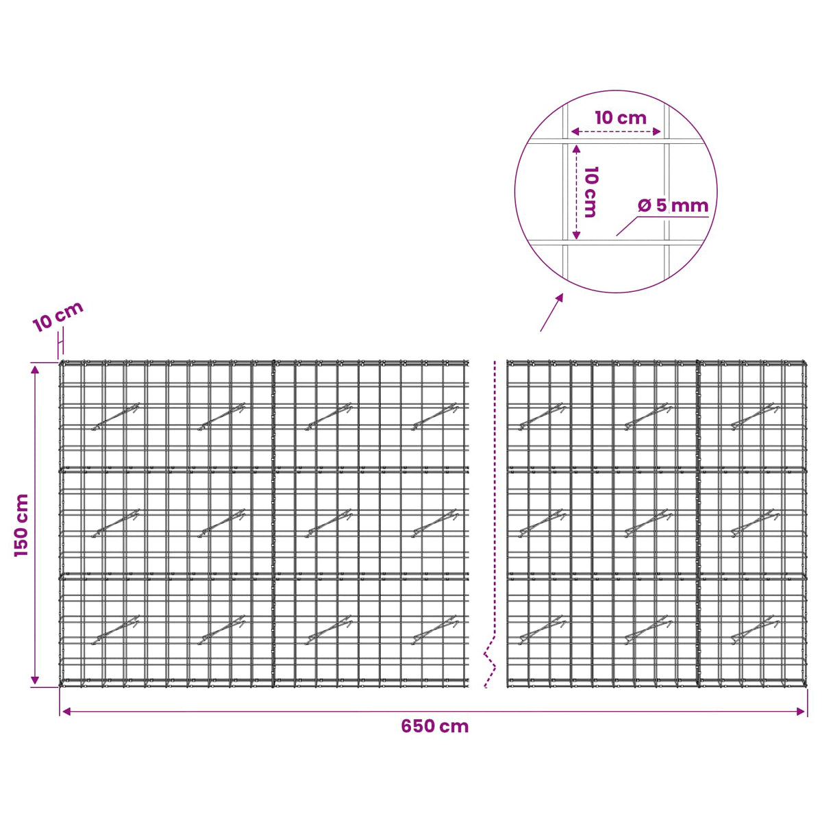Gabion with 5 mm Wire and 10x10 cm Mesh 650x10x150 cm