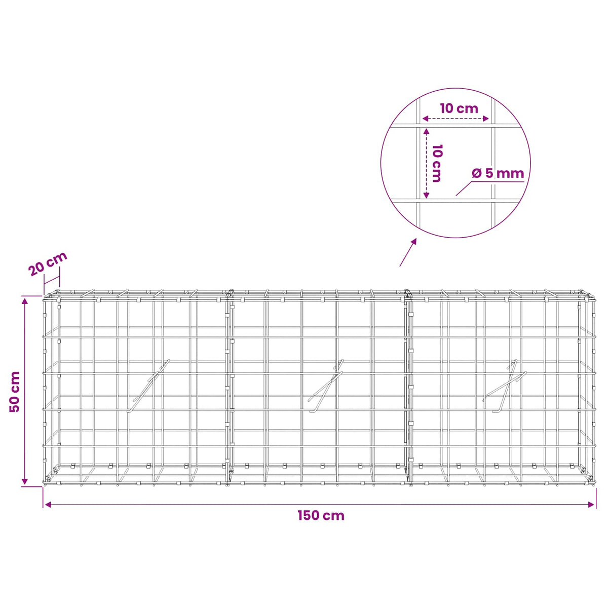 Gabion with 5 mm Wire and 10x10 cm Mesh 150x20x50 cm