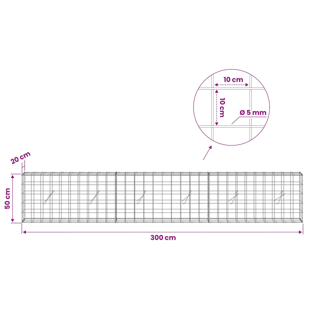 Gabion with 5 mm Wire and 10x10 cm Mesh 300x20x50 cm