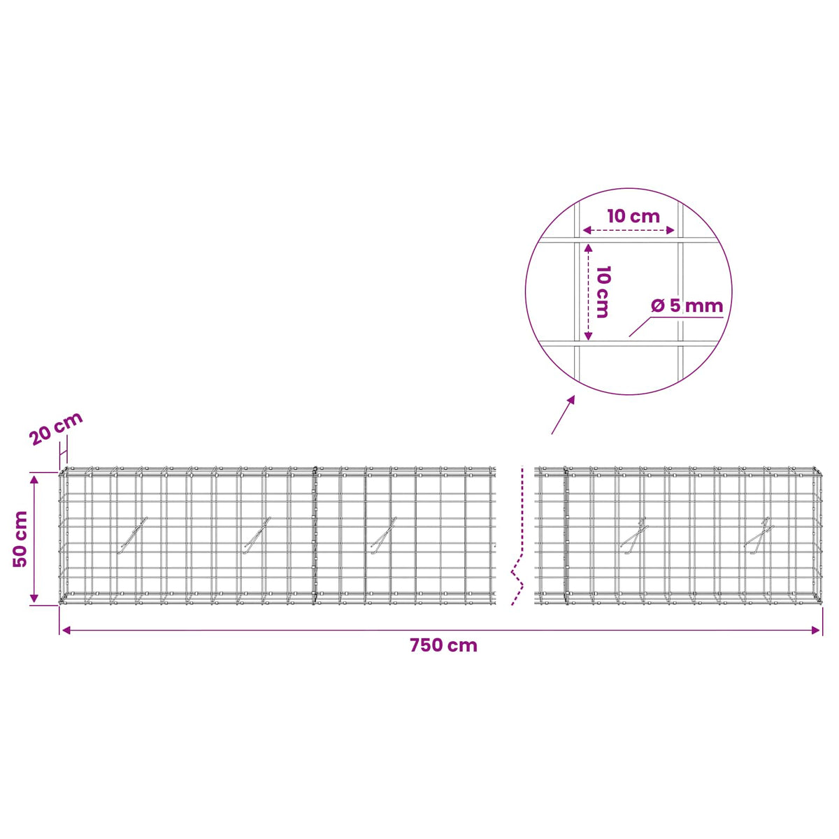 Gabion with 5 mm Wire and 10x10 cm Mesh 750x20x50 cm