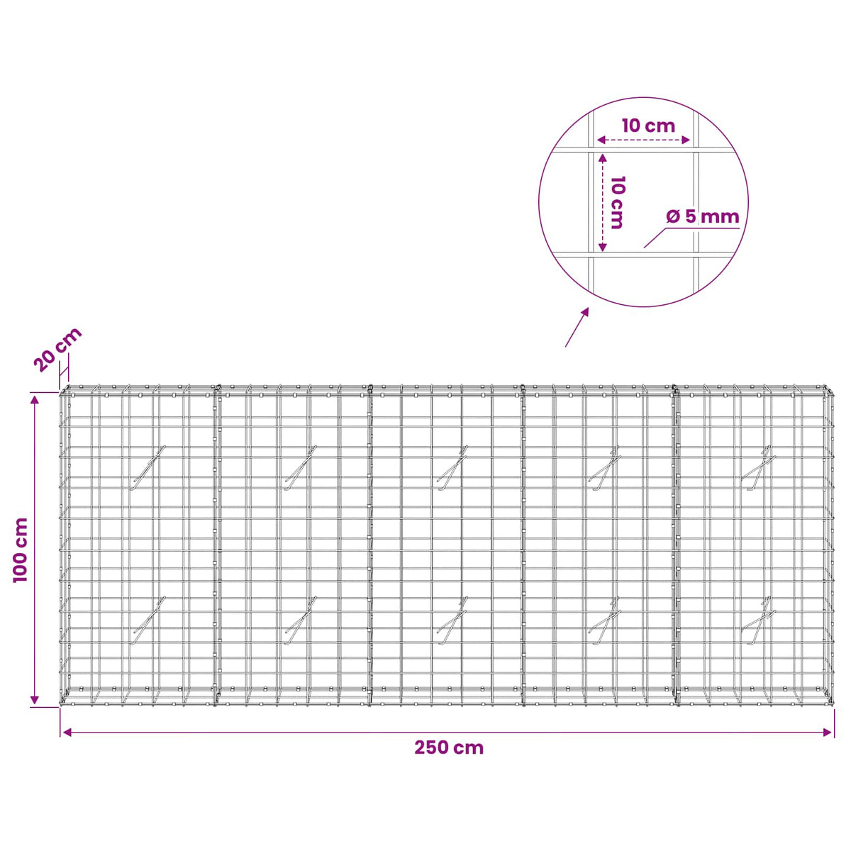 Gabion with 5 mm Wire and 10x10 cm Mesh 250x20x100 cm