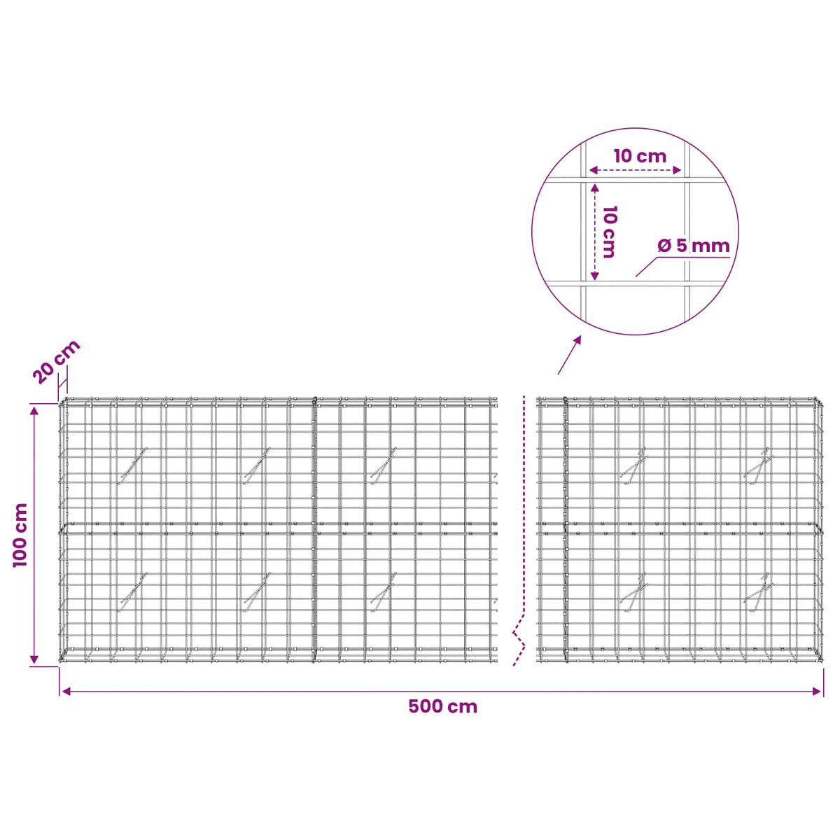 Gabion with 5 mm Wire and 10x10 cm Mesh 500x20x100 cm