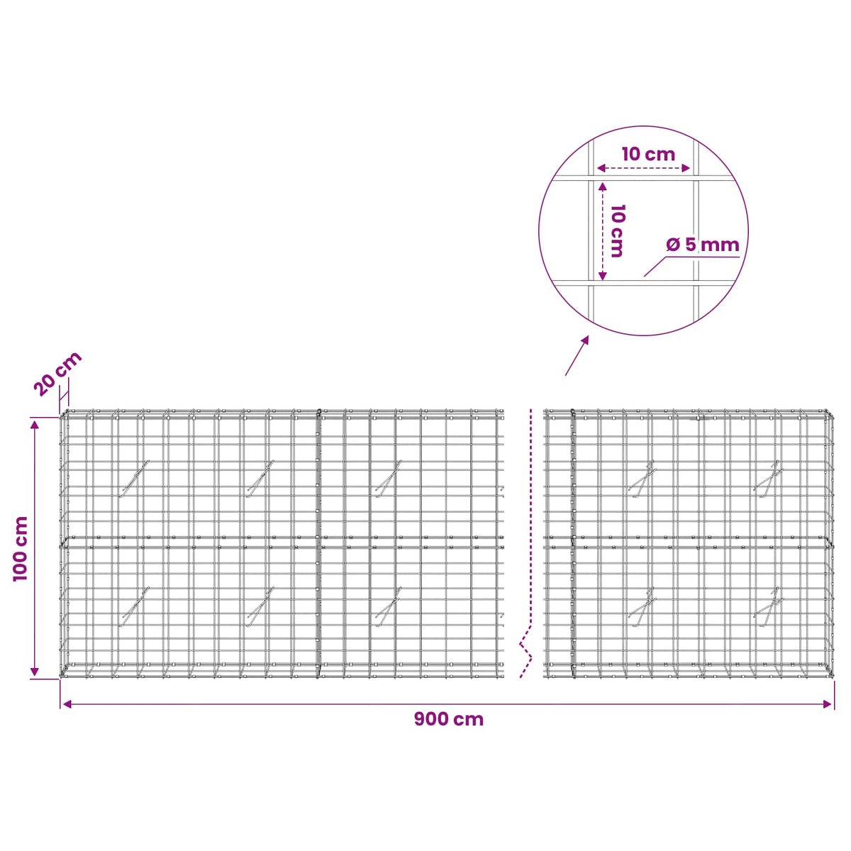 Gabion with 5 mm Wire and 10x10 cm Mesh 900x20x100 cm