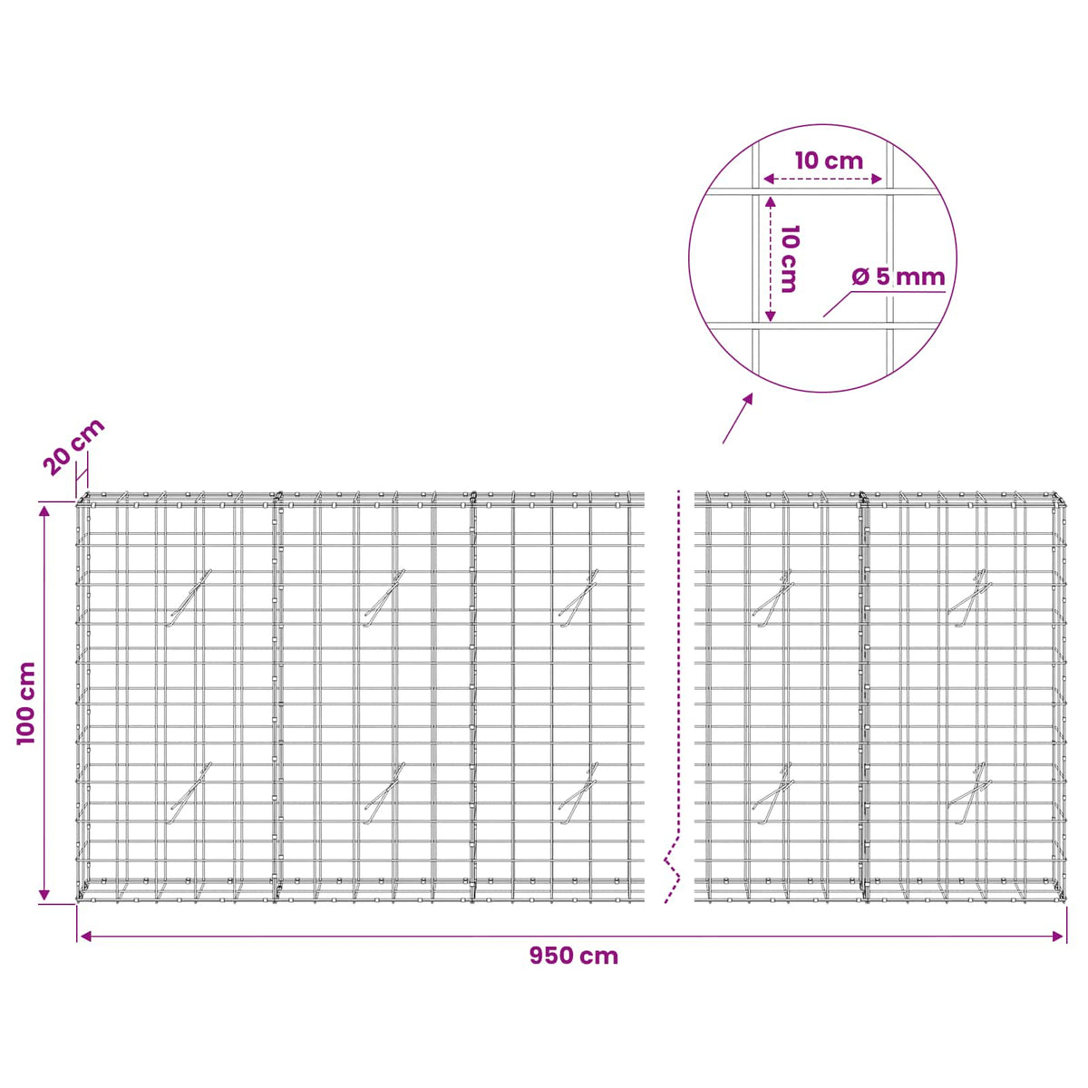Gabion with 5 mm Wire and 10x10 cm Mesh 950x20x100 cm