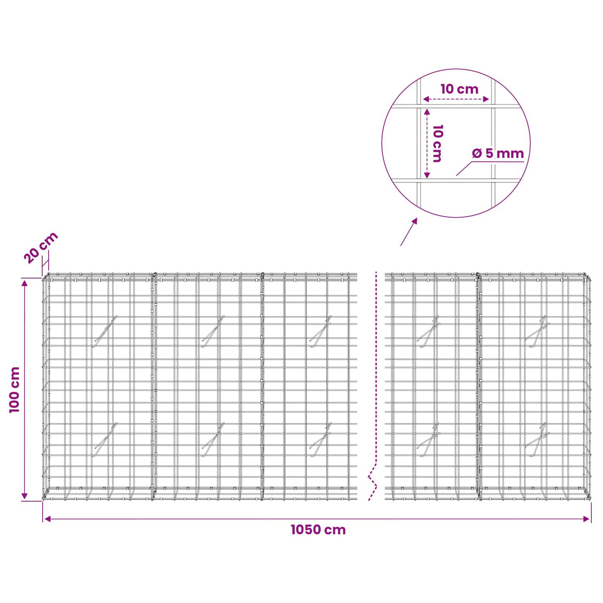 Gabion with 5 mm Wire and 10x10 cm Mesh 1050x20x100 cm