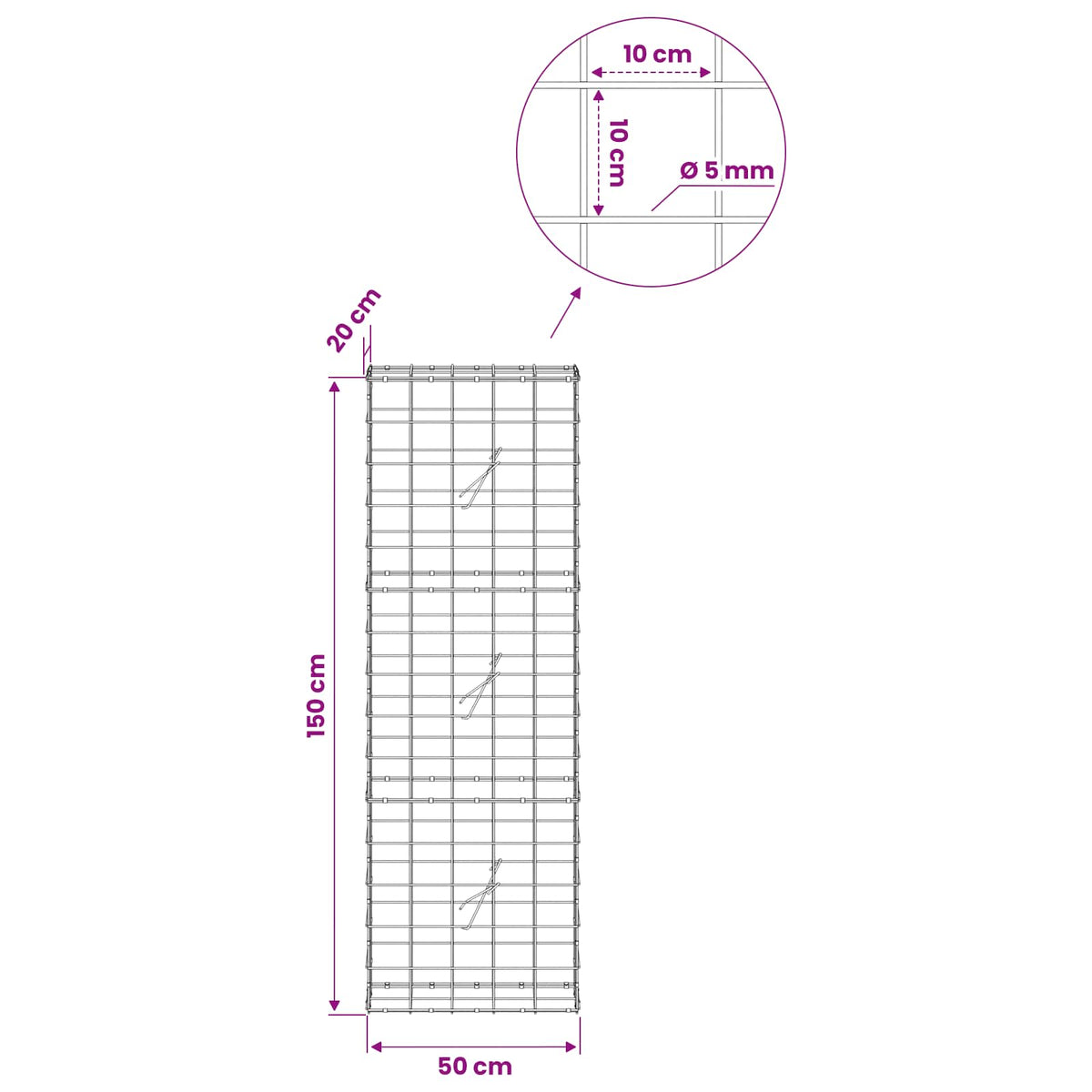 Gabion with 5 mm Wire and 10x10 cm Mesh 50x20x150 cm