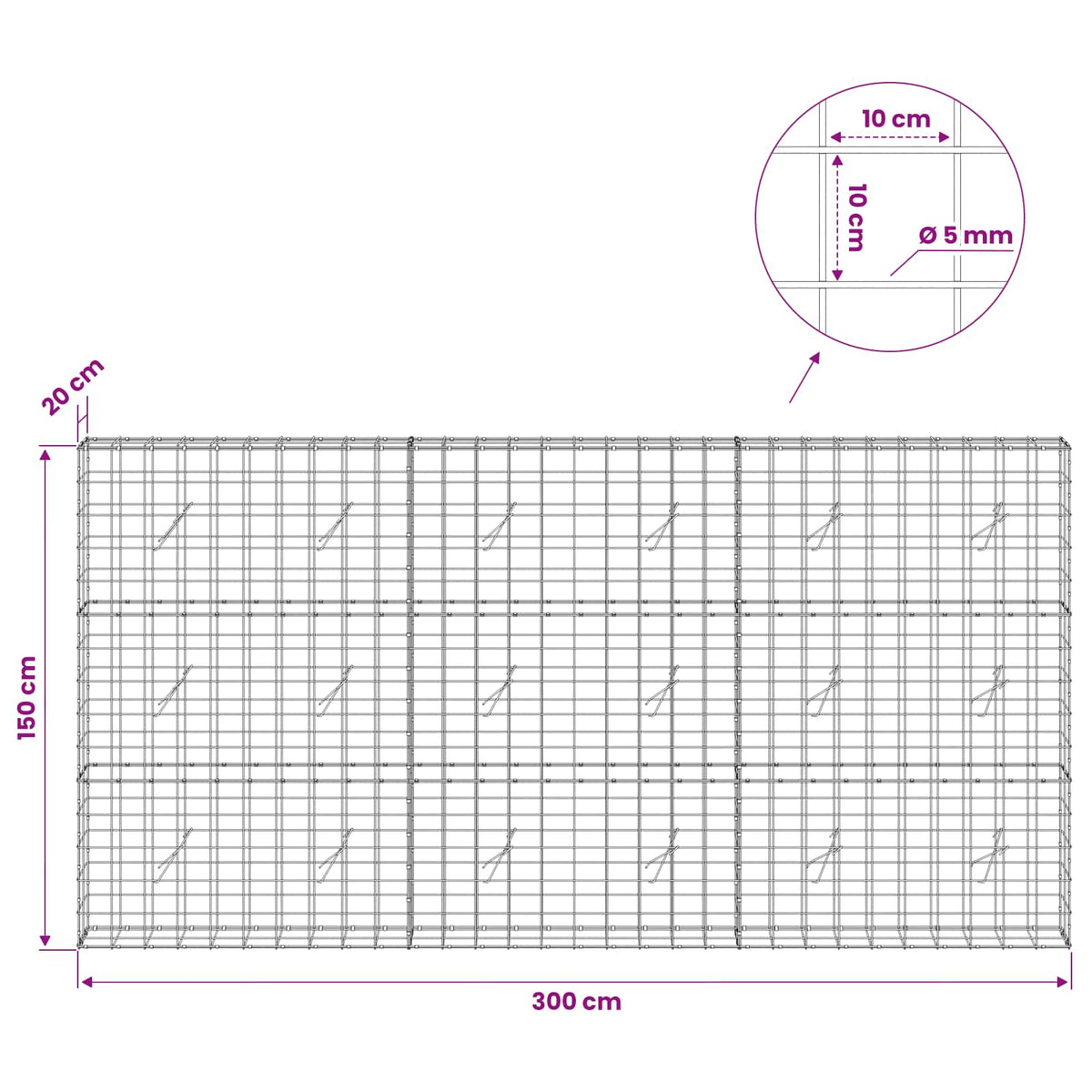 Gabion with 5 mm Wire and 10x10 cm Mesh 300x20x150 cm