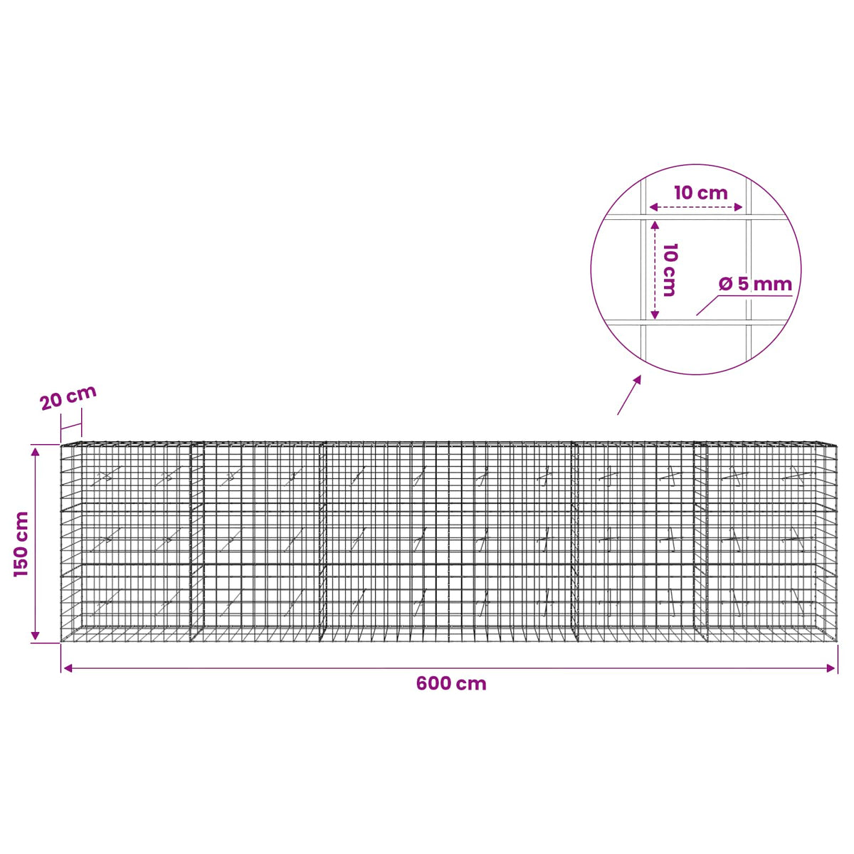 Gabion with 5 mm Wire and 10x10 cm Mesh 600x20x150 cm