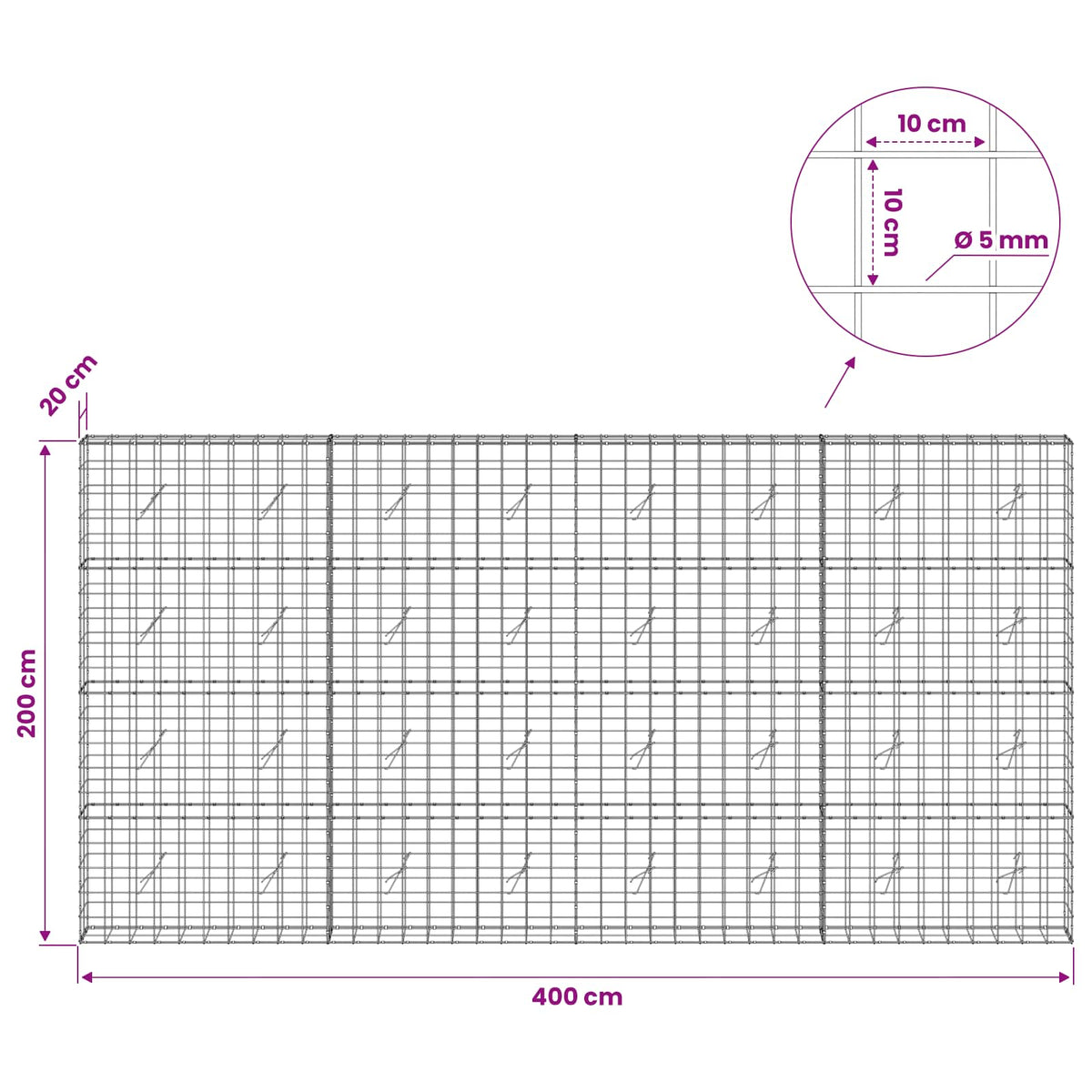 Gabion with 5 mm Wire and 10x10 cm Mesh 400x20x200 cm