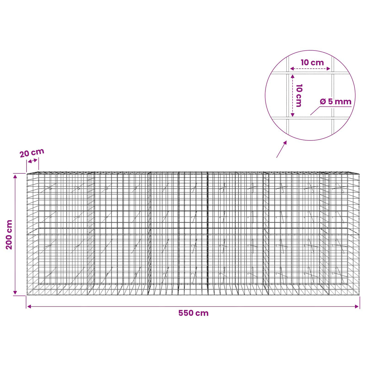 Gabion with 5 mm Wire and 10x10 cm Mesh 550x20x200 cm